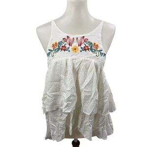 Davi & Dani Embroidered White Rayon Sleeveless Tiered Ruffle Top With Adjustable